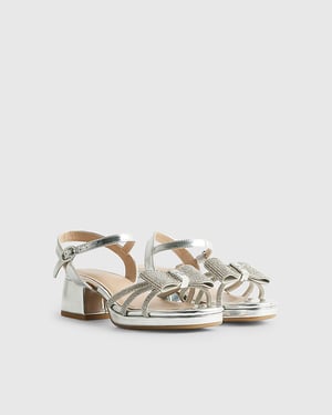 River Island Girls Heeled Sandals Silver Diamante Bow