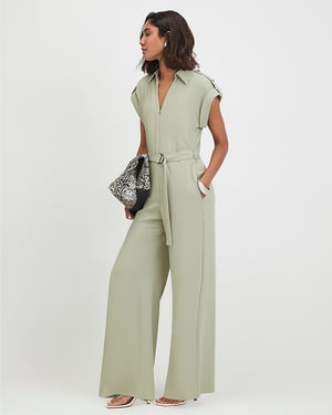 River Island Womens Jumpsuit Khaki Twill Zip Front Wide Leg