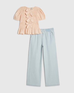 River Island Girls Top & Denim Joggers Set Pink Bow 2 Piece