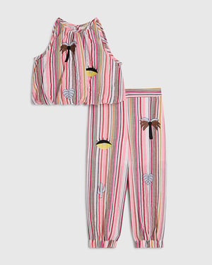 River Island Mini Girls Top & Trousers Set Pink Stripe Hareem 2 Piece