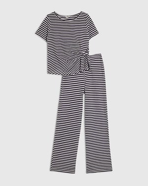 River Island Girls T-Shirt & Trousers Set Navy Short Sleeve Stripe 2 Piece