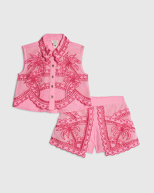 River Island Mini Girls Shirt & Short Set Pink Palm Tree 2 Piece