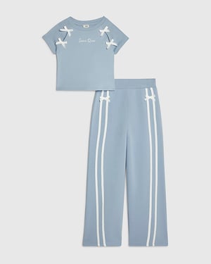 River Island Girls T-Shirt & Joggers Set Blue Bow Taped Wide Leg 2 Piece