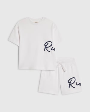 River Island Mini Boys T-Shirt & Shorts Set White Oversized 2 Piece