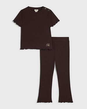 River Island Mini Girls T-Shirt & Legging Set Brown Textured 2 Piece