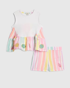 River Island Mini Girls Top & Shorts Set White Stripe 2 Piece