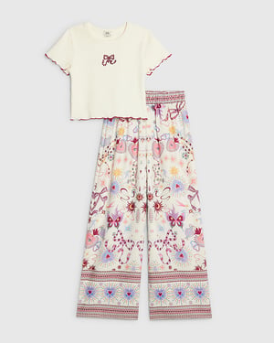 River Island Girls T-Shirt & Trouser Set Cream Bow 2 Piece