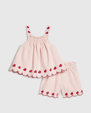 River Island Mini Girls Top & Shorts Set Pink Denim Heart 2 Piece