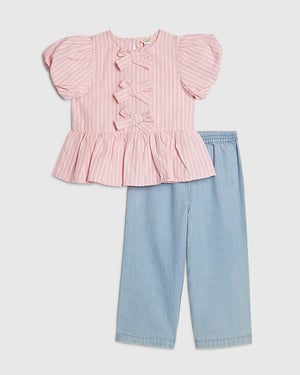River Island Mini Girls Top & Jeans Set Pink Stripe 2 Piece