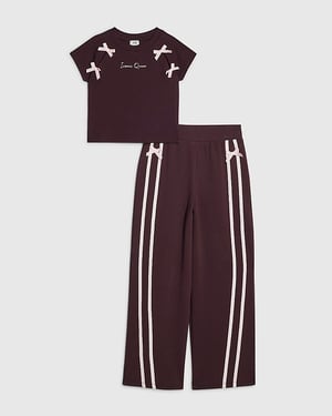 River Island Girls T-Shirt & Joggers Set Red Bow Taped Wide Leg 2 Piece