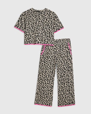River Island Girls T-Shirt & Bottoms Set Beige Leopard Whipstitch 2 Piece