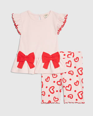 River Island Mini Girls Top & Shorts Set Pink Peplum Rib Heart 2 Piece