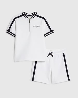 River Island Mini Boys Polo Shirt & Shorts Set White Baseball 2 Piece