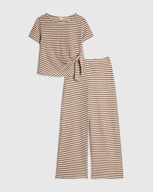 River Island Girls T-Shirt & Trousers Set Brown Striped Knot 2 Piece
