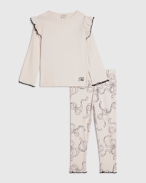 River Island Mini Girls T-Shirt & Leggings Set Pink Bow Frill 2 Piece
