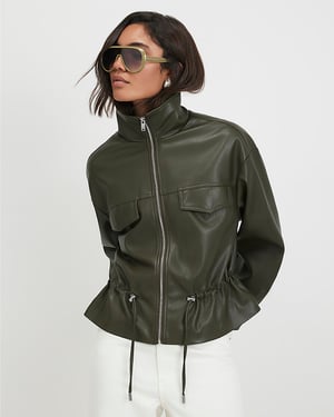River Island Womens Jacket Khaki Faux Leather Drawstring Funnel