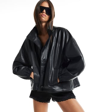 River Island Womens Jacket Black Oversized Faux Leather Funnel