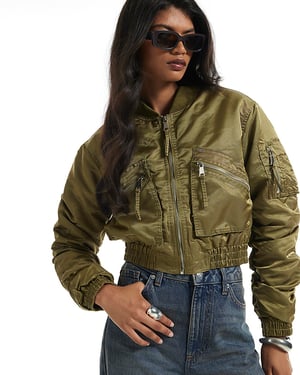 River Island Womens Bomber Jacket Green Cropped Fitted