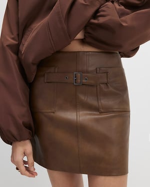 River Island Womens Mini Skirt Brown Faux Leather Belted
