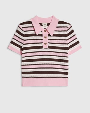 River Island Girls Polo Top Pink Stripe Collared Cable Knit
