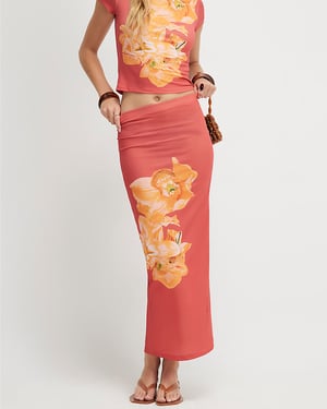 River Island Womens Maxi Skirt Orange Floral Elasticated Waist