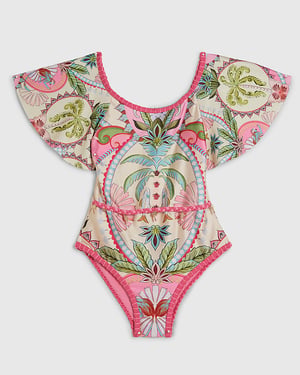 River Island Girls Swimsuit Pink Palm Tree Print Scoop Neck