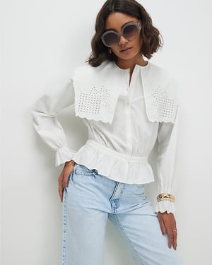 River Island Womens Shirt White Cotton Broderie Detail Cropped