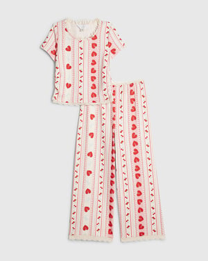 River Island Girls Pyjamas Set Cream Heart Pointelle 2 Piece