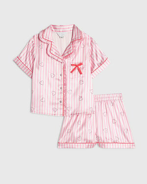 River Island Girls Pyjama Set Pink Satin Striped Heart 2 Piece