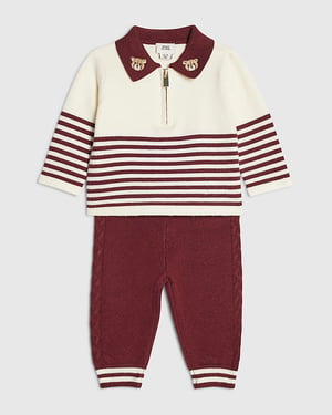 River Island Baby Boys Polo & Bottoms Set Burgundy Stripe Knit 2 Piece