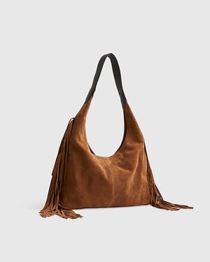 River Island Womens Slouch Shoulder Bag Beige Suede Fringed