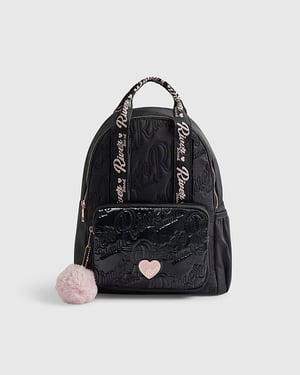 River Island Girls Backpack Black RI Quilted Pom Detail Zip
