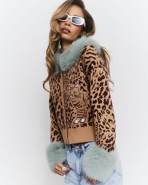 River Island Womens Cardigan Brown Leopard Print Cat Faux Fur