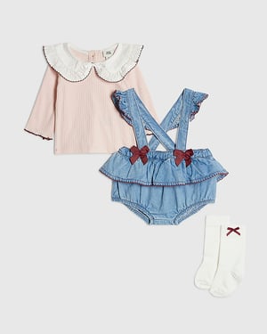 River Island Baby Girls Bloomer Set Blue Bow Denim 3 Piece