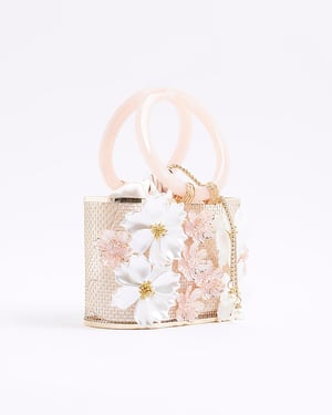 River Island Womens Clutch Bag Gold 3D Floral Caged Basket