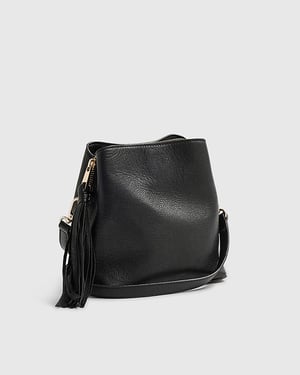 River Island Womens Crossbody Bucket Bag Black Leather Tassel