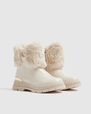River Island Mini Girls Boots Cream Lace Up Side Zip