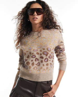 River Island Womens Jumper Beige Leopard Print Knit Crew Neck