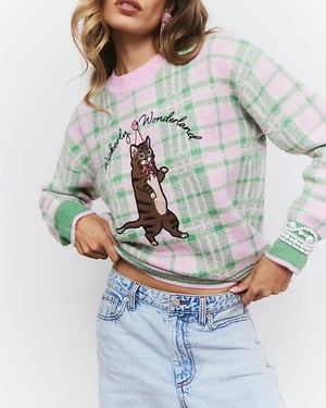 River Island Womens Jumper Green Check Cat Crew Neck