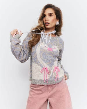 River Island Womens Jumper Grey Glitter Thread Swan Print