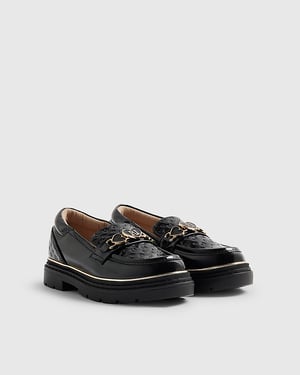 River Island Girls Loafer Shoes Black Heart Snaffle Slip On