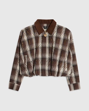 River Island Girls Jacket Brown Check Stud Collared
