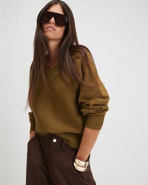 River Island Womens Jumper Green Cotton V-Neck Knitted