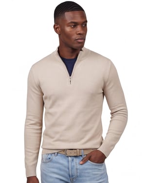 Thomas Maine trui half zip beige katoen