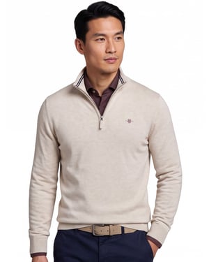 katoenen Gant half zip trui beige effen normale fit