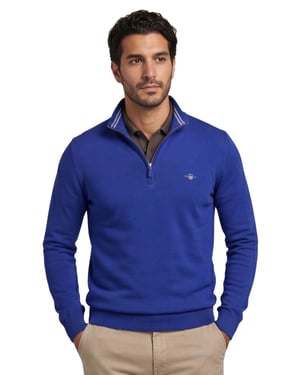 katoenen Gant trui half zip effen blauw normale fit