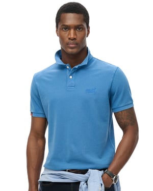Superdry polo middenblauw pique korte mouw 2-knoops