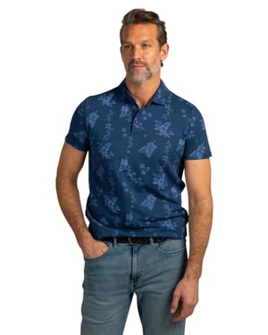 Poloshirt 3-knoops blauw bloemen printje NZA