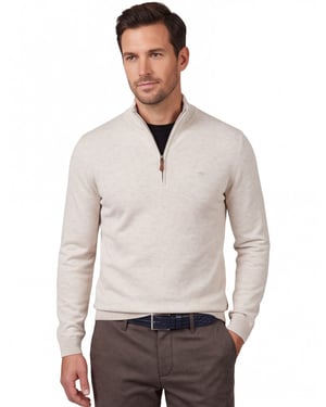 katoenen Fynch-Hatton trui halfzip creme effen katoen