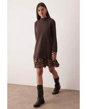 TRENDYOLMİLLA Dames Bruin Stippen Kort / Mini Lang Casual Recht Jurken